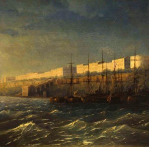И. К. Айвазовский. «Одесса. Набережная» 1840 г.Эта картина позволяет нам увидеть первоначальный вид Потёмкинской лестницы незадолго перед её здачей в эксплуатацию.