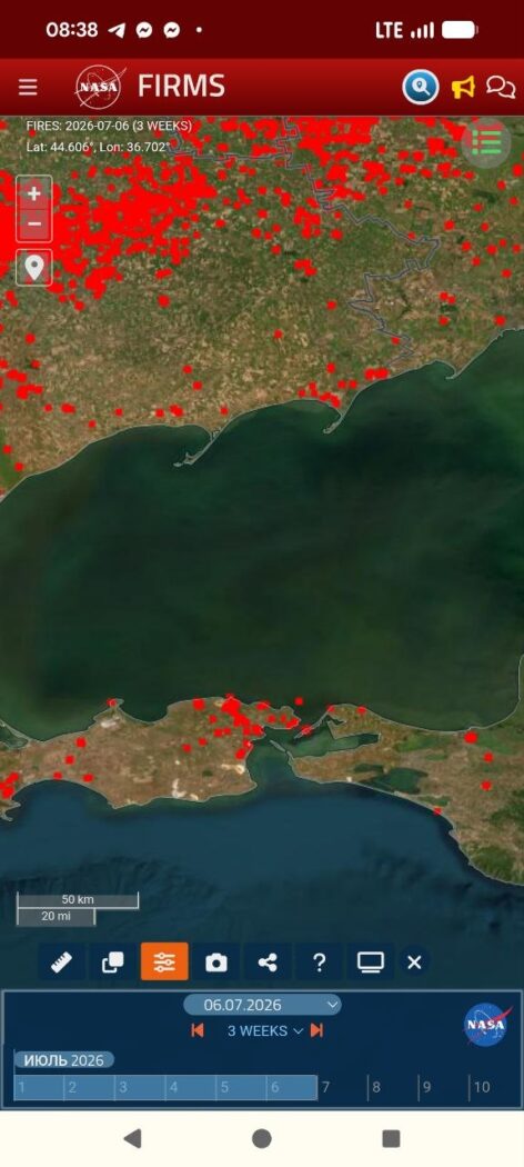 Three-week NASA FIRMS cumulative view from 6 to 27 July 2026 showing one marine source in the western Sea of Azov