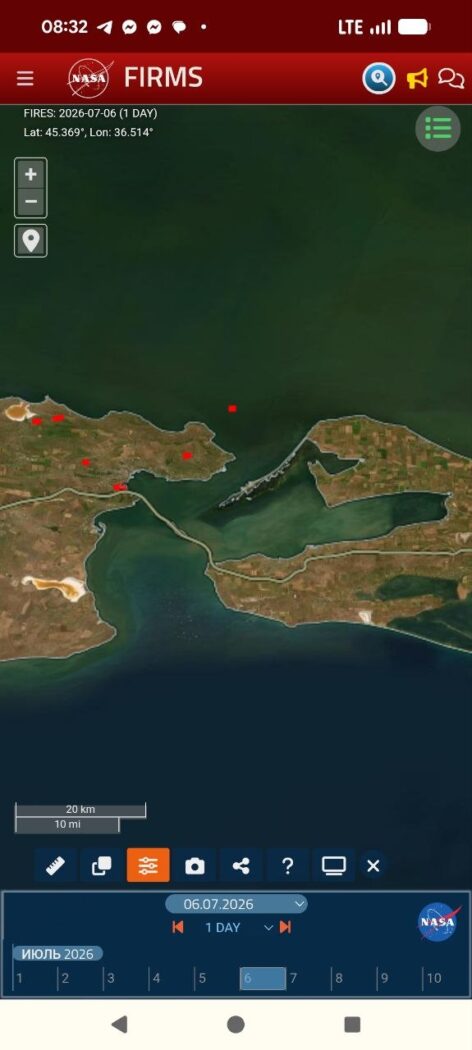 NASA FIRMS thermal signature in the western Sea of Azov near the Kerch Strait on 6 July 2026, one-day view