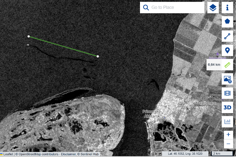 Oil slick about 6.64 kilometres long extending from the vessel off Primorsko-Akhtarsk on 14 July 2026