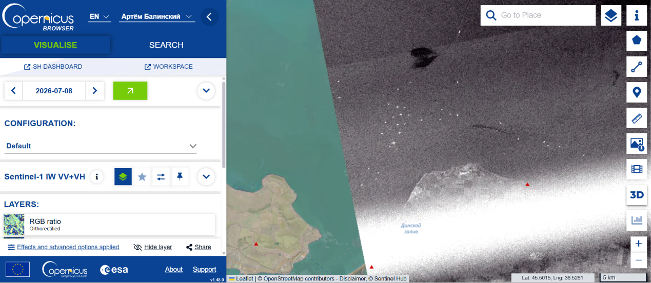 Confirmed surface oil pollution in Temryuk Bay in a Sentinel-1 image from 8 July 2026