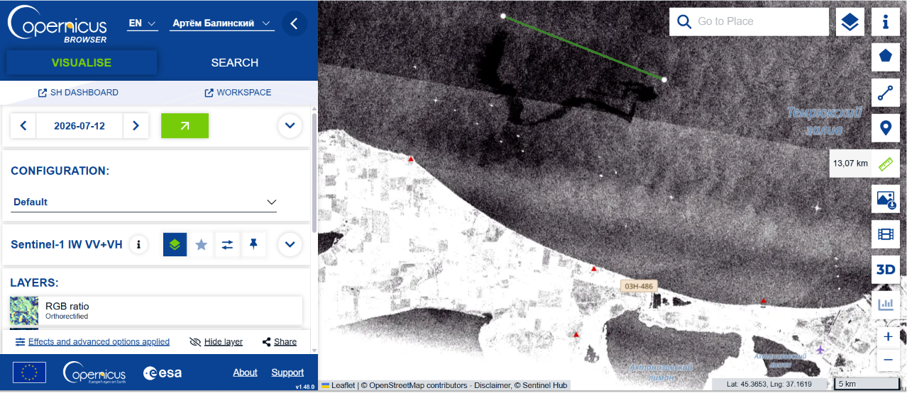 Oil slick about 13.07 kilometres long in Temryuk Bay on 12 July 2026