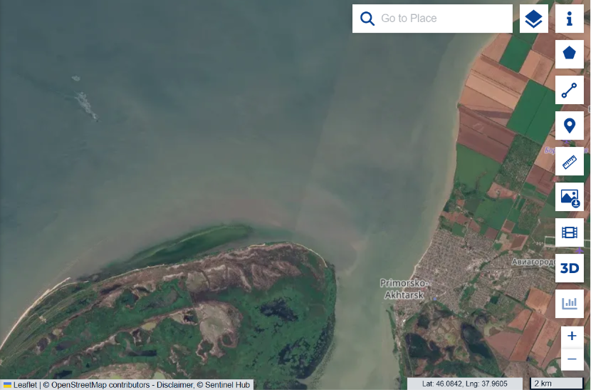 Separate vessel with a smoke plume on the roadstead off Primorsko-Akhtarsk on 11 July 2026, Sentinel-2 overview