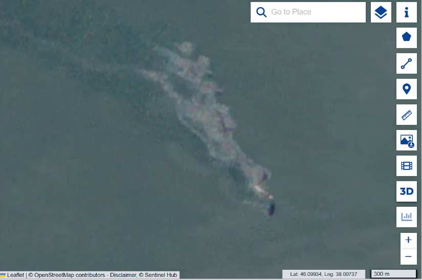 Enlarged optical image of a vessel with a smoke plume off Primorsko-Akhtarsk on 11 July 2026