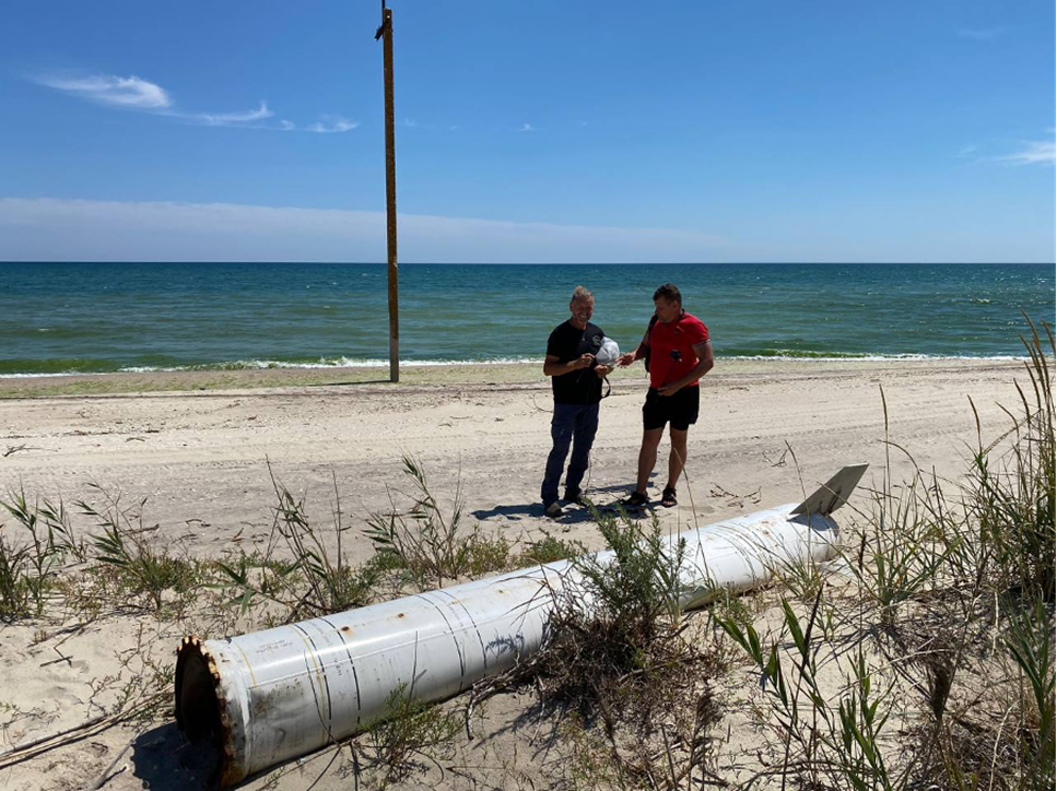 Missile or aerial vehicle debris on the sandy Black Sea coast in Tuzly Lagoons National Nature Park