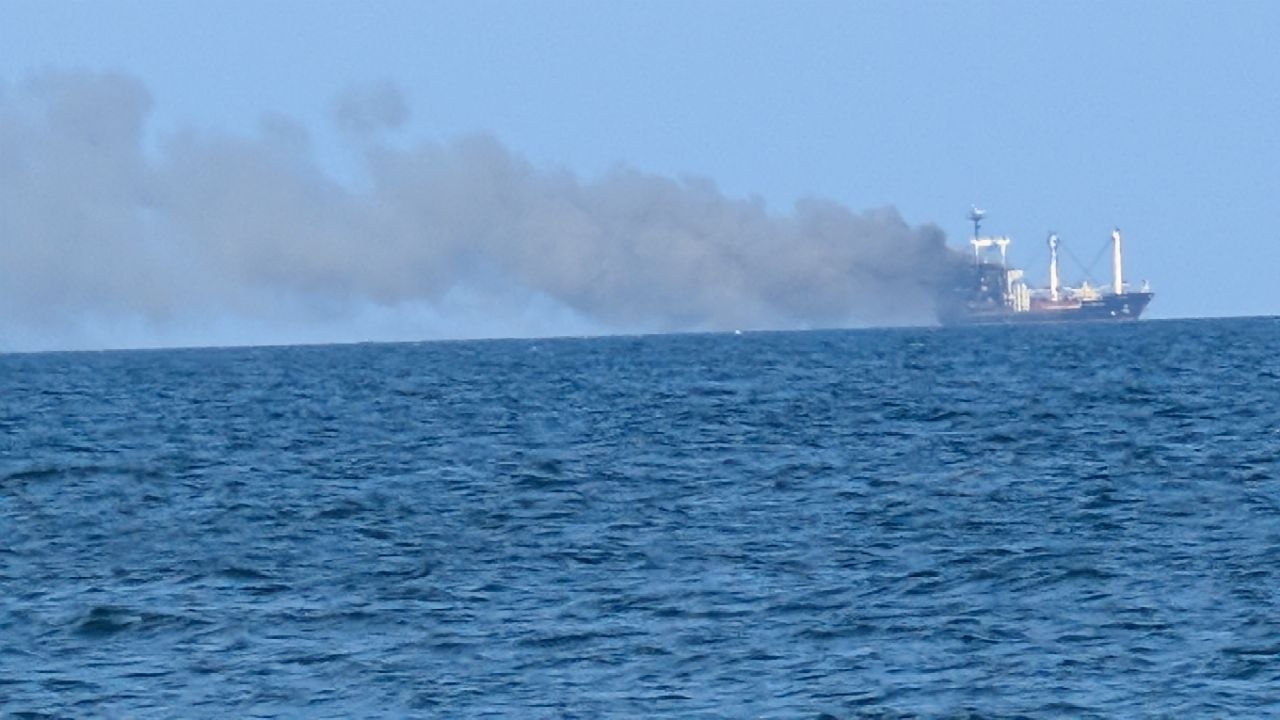 Golden Leo trailing smoke after a Russian missile strike in the Black Sea on 19 July 2026