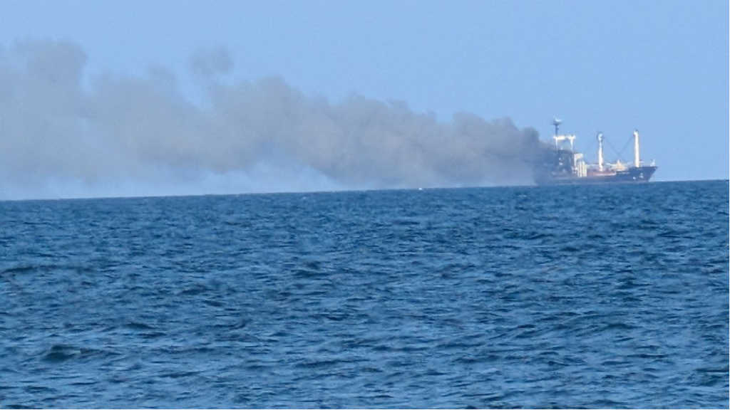 Golden Leo and a smoke plume over the sea after successive Russian missile strikes on 19 July 2026