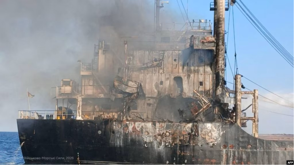 The damaged and smoking superstructure of Golden Leo after the Russian missile strike on 19 July 2026