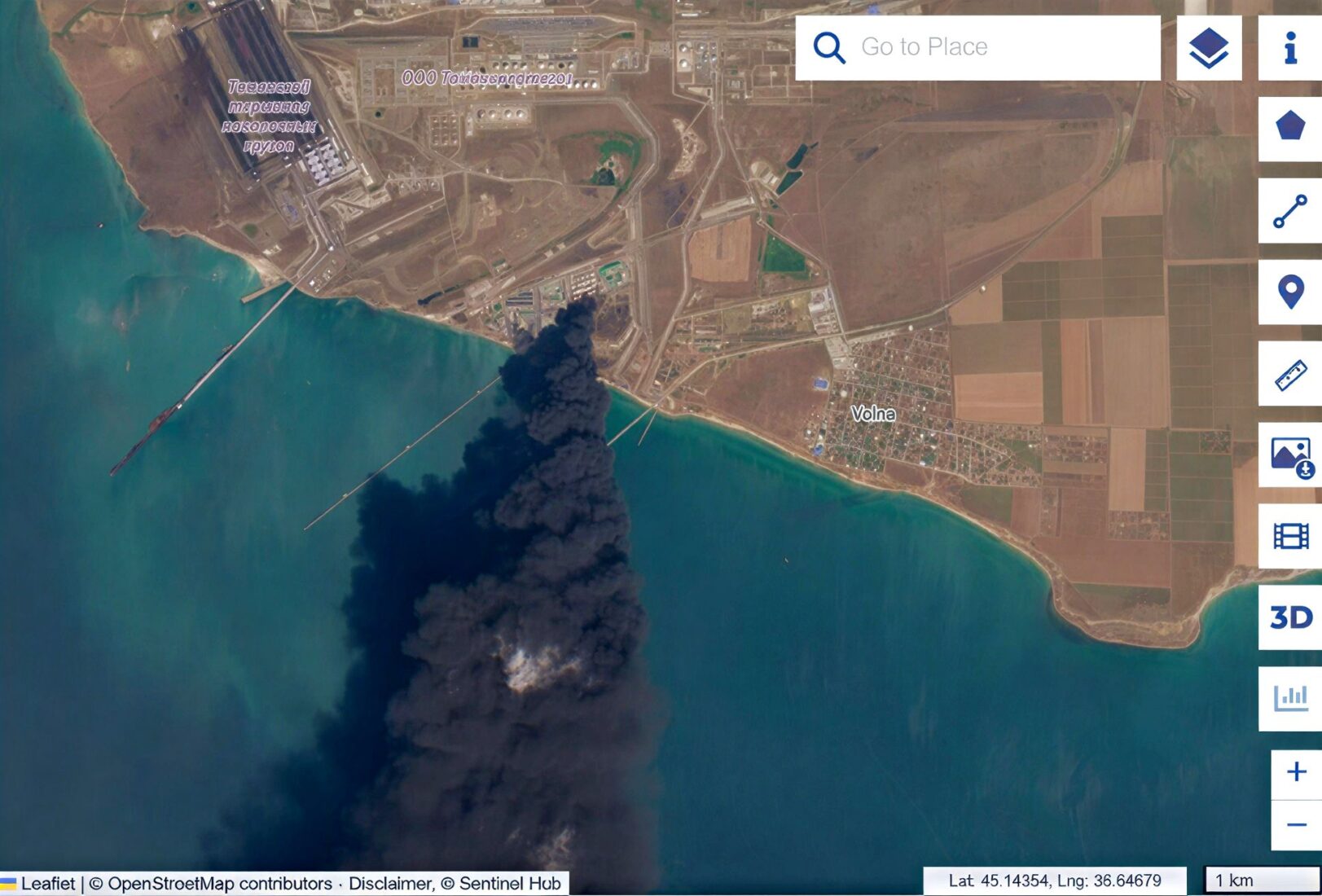 Sentinel-2: fire epicentre at Taman port with a dense black smoke plume