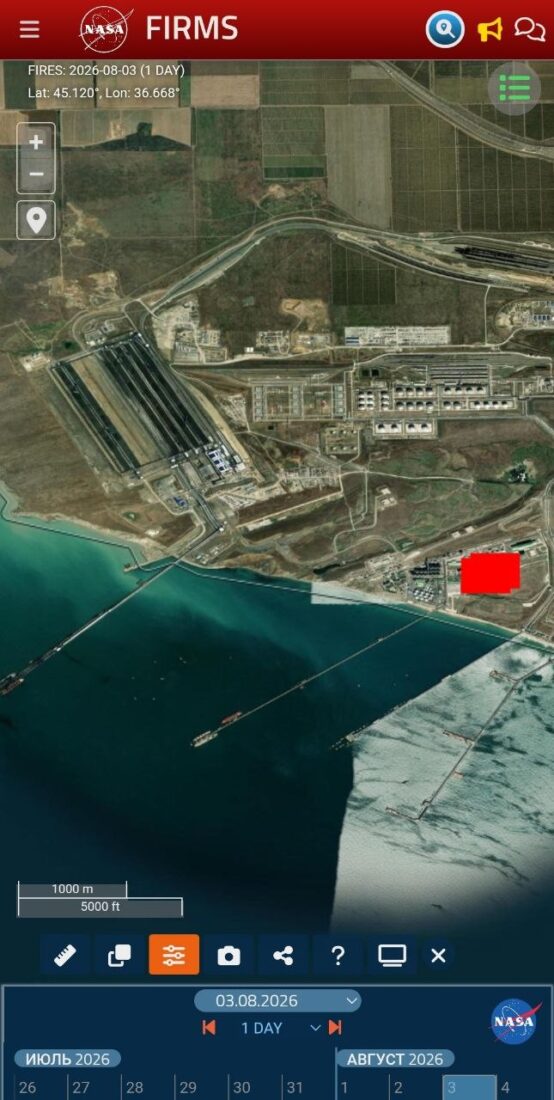 NASA FIRMS, 3 August 2026: site hotspot remaining after the periphery weakened
