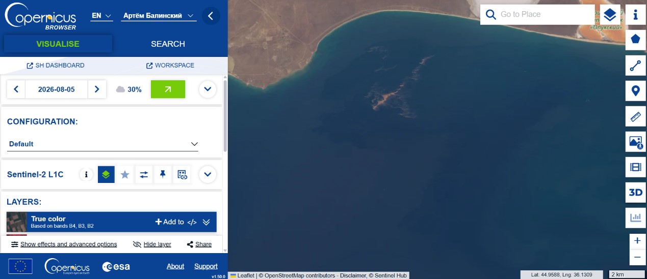Sentinel-2, 5 August: contamination along the southern Kerch Peninsula near Opuk and Feodosia