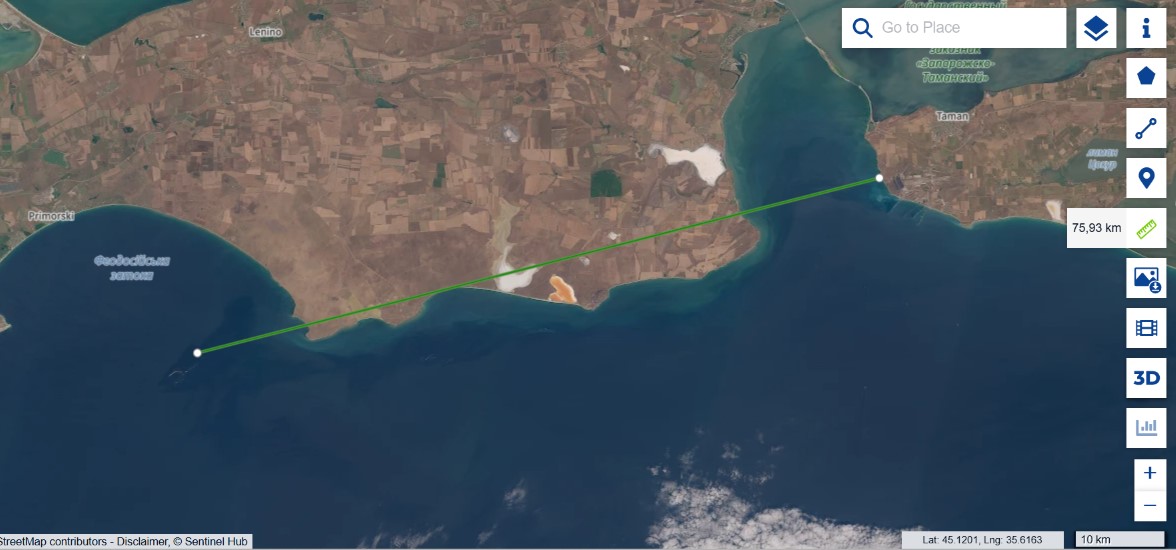 Sentinel-2, 8 August: pollution transport extending 75.93 km from Taman