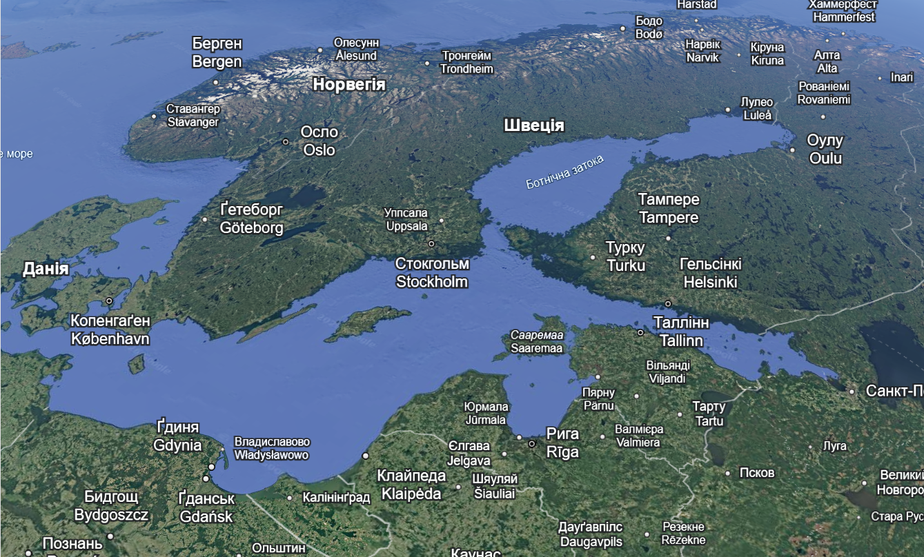 Карта Балтійського моря, Фінської затоки та навколишніх країн
